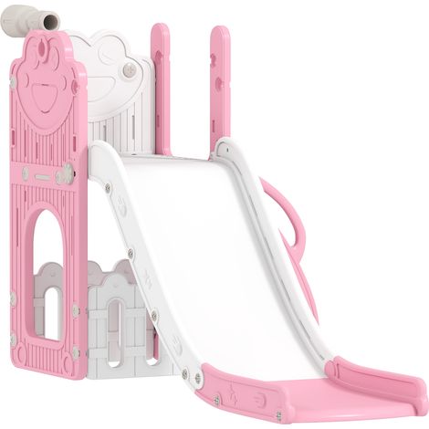 Ensemble de jeux 5 en 1 pour enfants : toboggan télescopique, panier de basket, PEHD, plastique, rose et blanc (1/5)