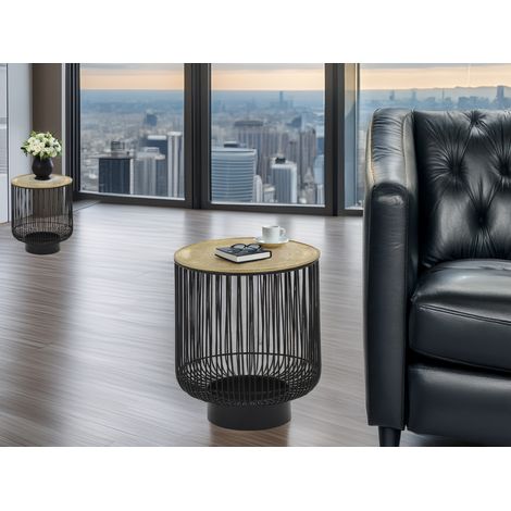 Couchttisch 2 teilig Korbtisch Metall Schwarz mit Tischplatte Gold, Höhe 46cm (1/5)