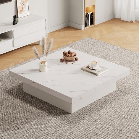 Mesa de centro 4 cajones tablero efecto mármol tablero de partículas 90x90x25cm color blanco