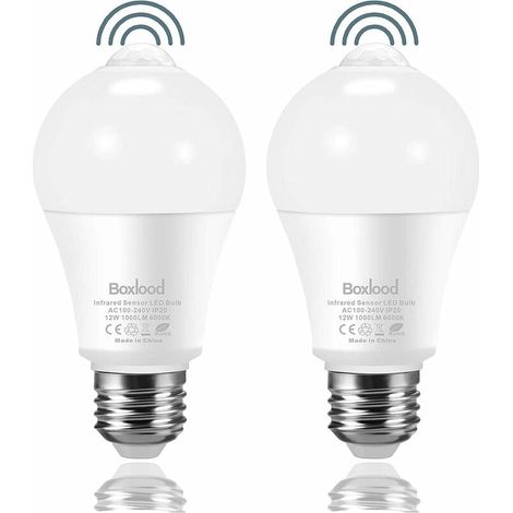 Set mit 2 LED-Glühbirnen mit PIR-Bewegungsmelder, E27-Schraubsockel, 12 W, 1000 Lumen (entspricht 100 Watt), 220 V, 6000 K Kaltweiß, Glühbirnen für Sicherheitsbeleuchtung (1/5)