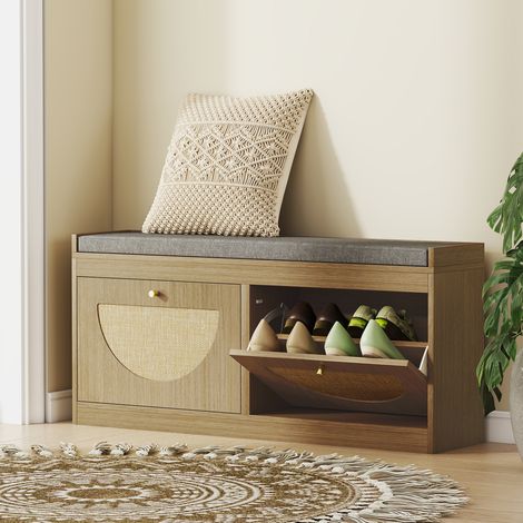 Schuhbank mit gepolstertem Sitz, Fronttüren aus Rattan, verstellbarem Regal für 8 Paar Schuhe, Natur