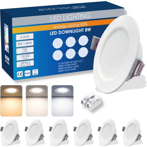 6 Spots LED Encastrables 8W 720 lm, 3 Couleurs 3000K 4000K 6000K, IP44 Salle de Bain, Spot Plafond Placo, Intérieur (1/5)
