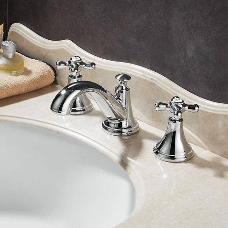 Finition argentée trois trous – Mitigeur classique double poignée – Robinet pour lavabo, éclat brillant résistant (1/5)