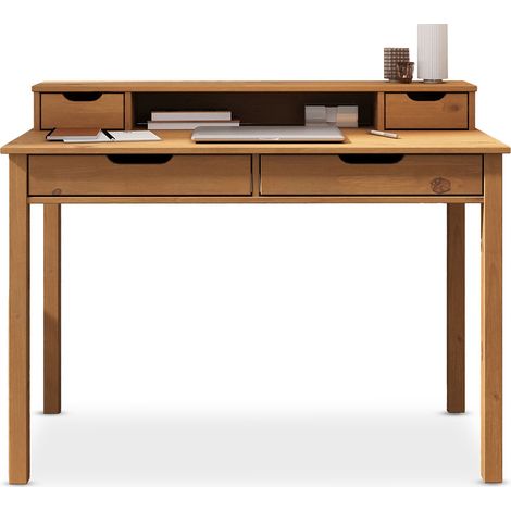 Idimex – Bureau droit en pin massif chêne – 2 grands tiroirs – 2 petits tiroirs – Niche ouverte – Plateau surélevé pour écran – Dimensions 87x114x54cm (1/4)