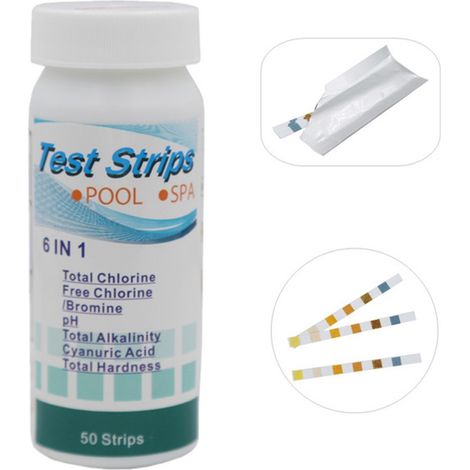 Bandes de test d'eau 6 en 1 pour piscines et spas : analyse de la qualité de l'eau (chlore total, chlore libre, brome, alcalinité totale, acide cyanurique et dureté totale). (1/4)