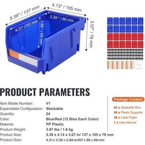 Bac à bec en plastique empilable - Lot de 24 - PP - Bleu/rouge - 137 x 105 x 78 mm (1/5)