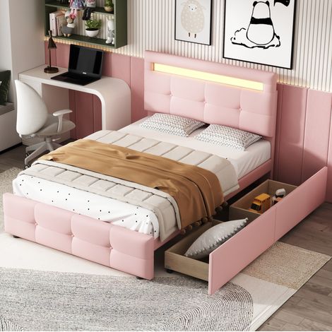 Bett klassisch gepolstert 90x200 cm Rosa mit verstellbarem Kopfteil, LED, 2 Schubladen und Lattenrost (1/5)