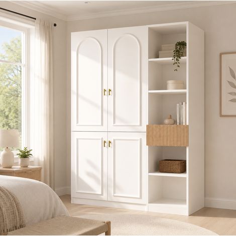 MODFU – Armario vestidor 135x50x200 cm de MDF/aglomerado con 2 roperos, 8 compartimentos y carga 30 kg – Blanco/madera (1/5)