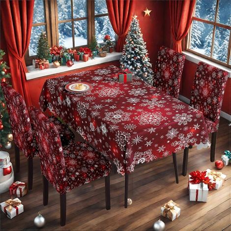Ensemble nappe et housse de chaise imperméables à motif flocons de neige rouge classique de Noël TC-219 (nappe imperméable 140 x 210 cm + 4 housses de chaise)