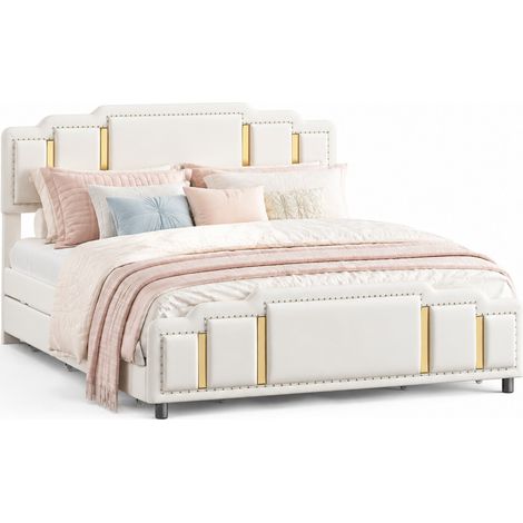 Letto matrimoniale 160 x 200 cm in velluto beige con 4 cassetti, LED 7 colori, MODENUIT (1/5)