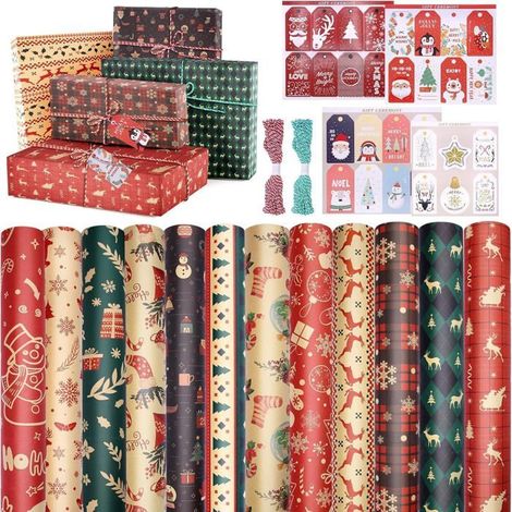12 Pièces Papier Cadeau Kraft de Noël Recyclable 70x50cm Pour Emballage Cadeau du Réveillon (1/5)