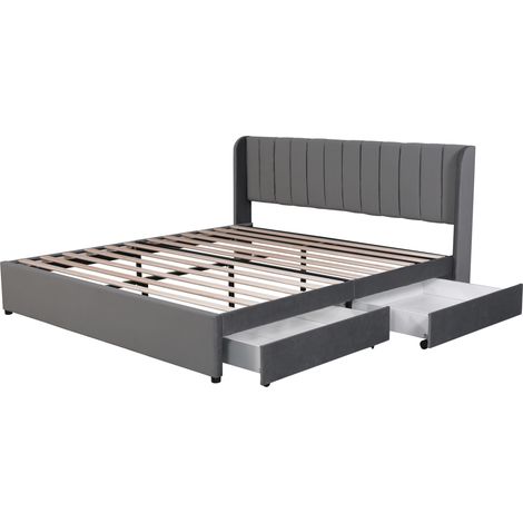 Letto contenitore 180 x 200 cm in velluto grigio con rete a doghe, testiera e 2 cassetti MODENUIT (1/5)