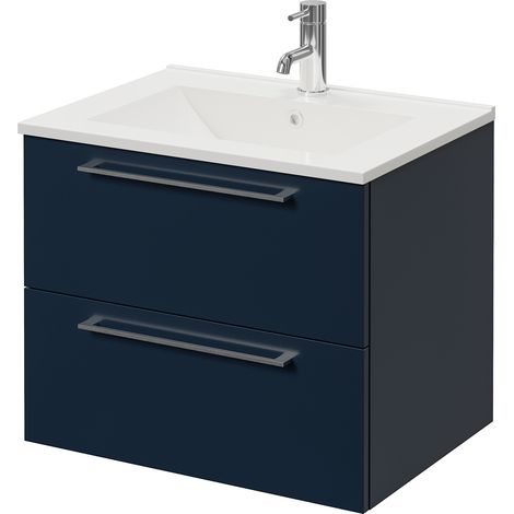 Napoli 460 Deep Blue 600mm Wall Mounted 2 Drawer Vanity Unit with Angel Basin - 600mm - Chrome 320mm Handle