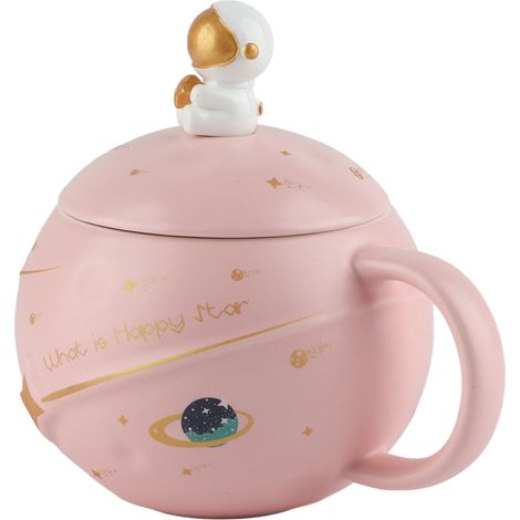 Mug astronaute fantaisie mignon de 400 ml avec poignée ergonomique, en céramique, couvercle et cuillère inclus, rose (1/5)