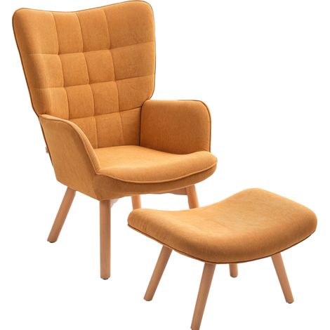 Sillón orejero con reposapiés tapizado en poliéster marrón con patas de madera (1/5)
