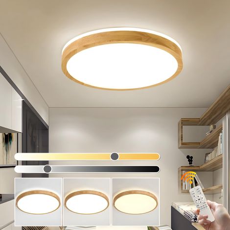 Plafonnier LED Bois, Lampe Ronde en Bois Naturel Lueur à 360°  Intensité variable avec télécommande 2700K-6500K, 30W  Salon, salle à manger, couloir, maison, bureau, chambre d'enfant (Ø40cm)