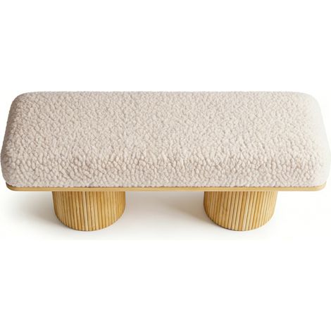 CHICFURN Panca 122 cm effetto pelo di pecora avorio, base in legno, per camera e ingresso (1/5)