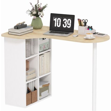 Bureau - HOMCOM - irrégulier - 100 x 59 cm - avec 6 compartiments, 4 étagères réglables et cadre en acier - chêne (1/5)