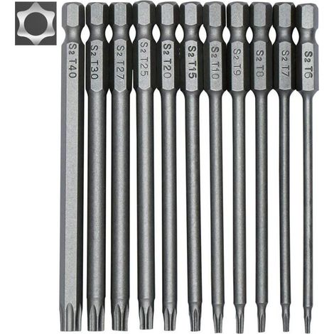 Set mit 11 Torx-Bits, 100 mm – S2-Stahl – 1/4"-Sechskantschaft – Größen T6 bis T40 – Magnetische Bits für präzises Schrauben (1/5)