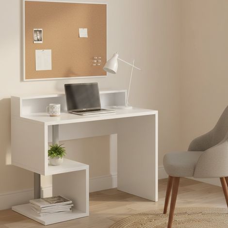 Dmora - Escritorio Silvio, Escritorio lineal con estantes de almacenamiento, Escritorio de oficina multiusos con tablero, 100x50h93 cm, Blanco, con embalaje reforzado (1/5)