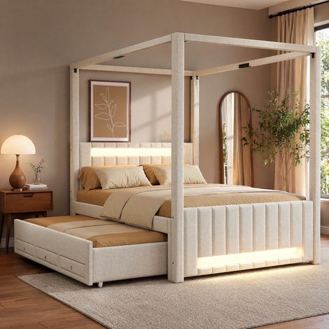 Himmelbett 140x200 cm beige aus Leinen und MDF mit Ausziehbett, Schubladen und LED-Beleuchtung (1/5)
