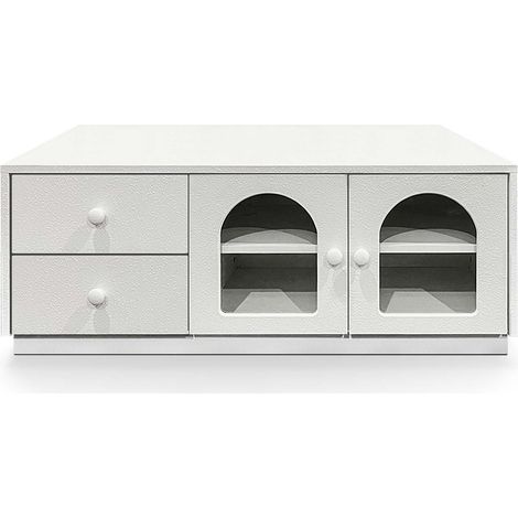 Table basse 60x100cm avec portes et tiroirs style naturel chic Volos Blanc texturé (1/5)