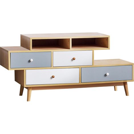 Meuble TV avec Rangement disposé en Quinconce avec 4 Tiroirs Bleu et Blanc et 2 Espaces Ouverts Pieds en Bois d'Hévéa (1/5)