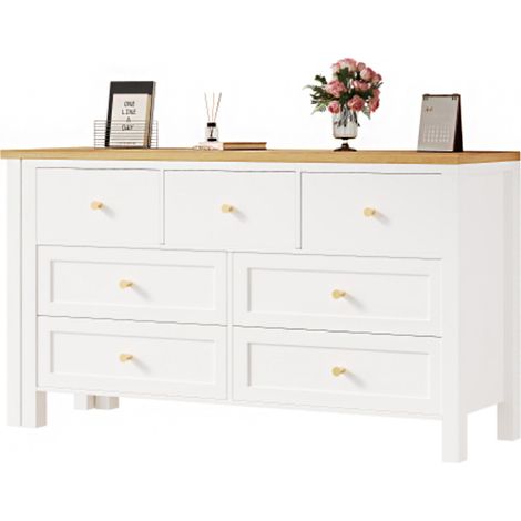 Schreibtisch mit 7-Schubladen Kommode -2-in-1 Drehwerkbank und Sideboard, Eichenoptik, 360° drehbare Tischplatte, weiß / natur, Schreibtisch, Frisiertisch, L-förmiger Eckschreibtisch (1/5)