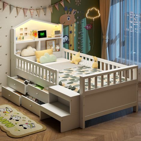 Kinderbett (212x116x102.5 cm), mit 4 Schubladen, Seitenstufen, LED-Beleuchtung, Ladeanschlüssen, Massivholz, Weiß (1/5)