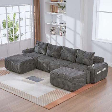 Sofá modular de 4 plazas de tela acanalada con 2 pufs, portavasos y bolsillo de almacenamiento, gris oscuro, 333x174x80 cm (1/5)