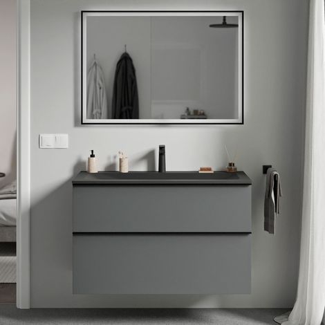 Unterschrank Bernstein LAVOA 100 cm mit Mineralguss Waschbecken CREAM - Badmöbelfarbe Anthrazit matt, Griff Anthrazit matt, Waschbecken Schwarz matt mit Hahnloch