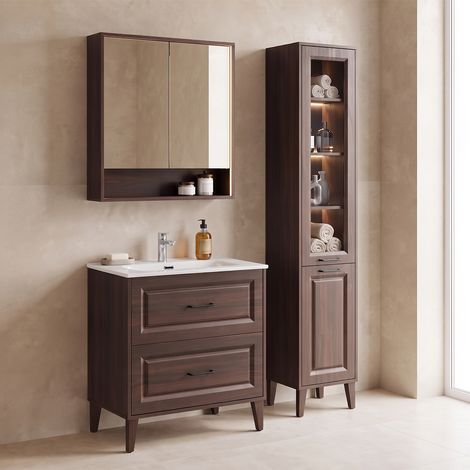 Waschtisch-Set mit Einbauwaschbecken 80 cm Hochschrank und Spiegelschrank Moka Dunkles Holz (1/5)