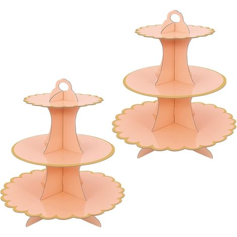 Présentoir à gâteaux en carton rose (lot de 2), présentoir à cupcakes à 3 étages, présentoir à desserts en carton, tour ronde, présentoir à gâteaux en carton (1/5)