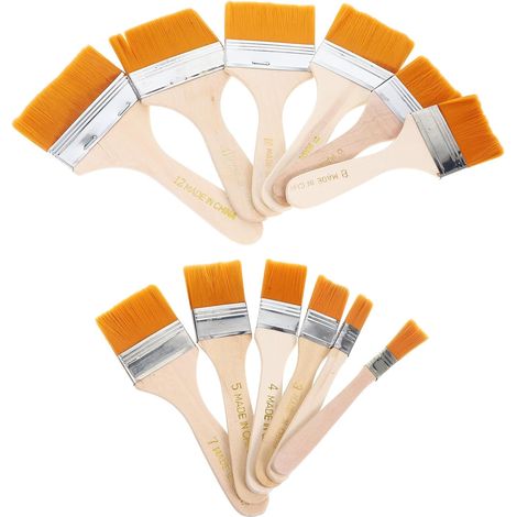 Set mit 12 flachen Nylonpinseln in verschiedenen Größen für Gesso, Lack, Acrylfarbe, Aquarell, Holz, Wände und Möbel (1/5)