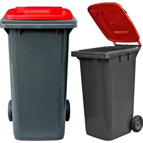 Bidone carrellato per raccolta differenziata 240 litri bicolore - Fondo grigio e coperchio rosso - Mobil Plastic (1/4)