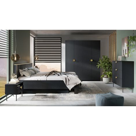 Vollständiges Schlafzimmer MONDO – Strukturschwarz und Gold – Bett 160x200 mit Lattenrost + Schrank + Kommode + 2 Nachttische