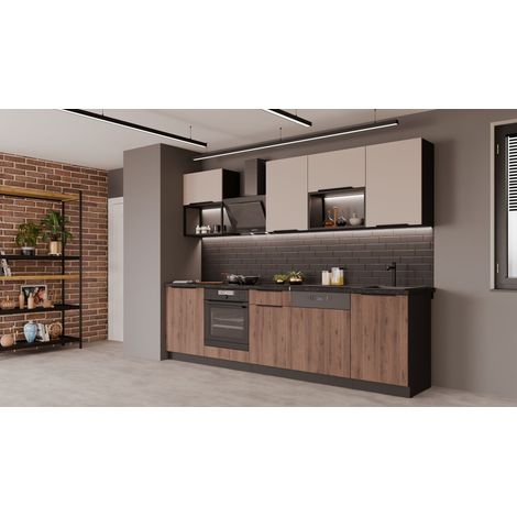 Küche MONZA + ARONA BASIC LOFT 280 cm Küchenzeile Küchenblock Einbauküche Nussbaum Okapi matt + Kaschmir beige matt (1/5)