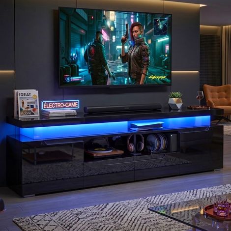 Meuble TV LED 180cm Banc TV Laqué Brillant Moderne avec Prises USB et Rangement Grand Support Télévision pour Salon - Noir (1/5)