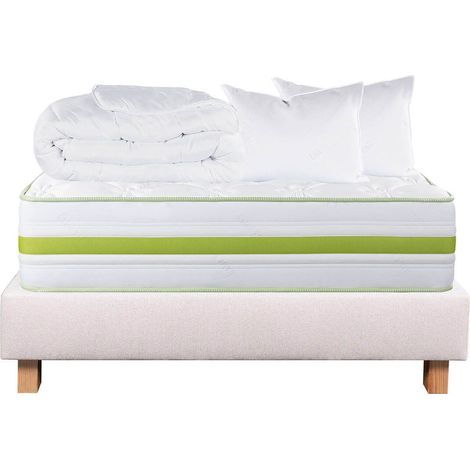 REVA - Pack Matelas + Sommier Tapissier Beige 140x190 cm + 2 Oreillers + 1 Couette (1/5)
