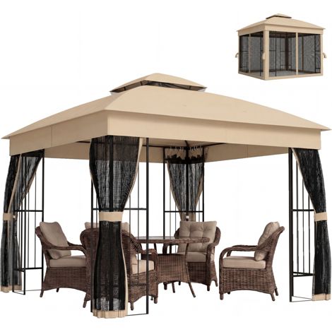 Outsunny 3 x 3 m Garden Gazebo with Shelves, UPF50+ Permanent Gazebo (1/5)