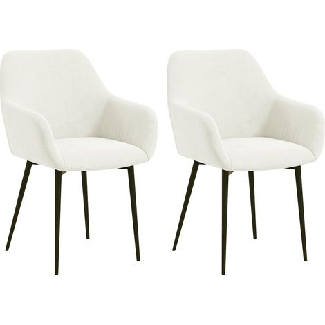 Set 2 Sedie da Pranzo Nordiche Imbottite con Braccioli Ricurvi in Tessuto Effetto Velluto, 54x57x80 cm, Crema