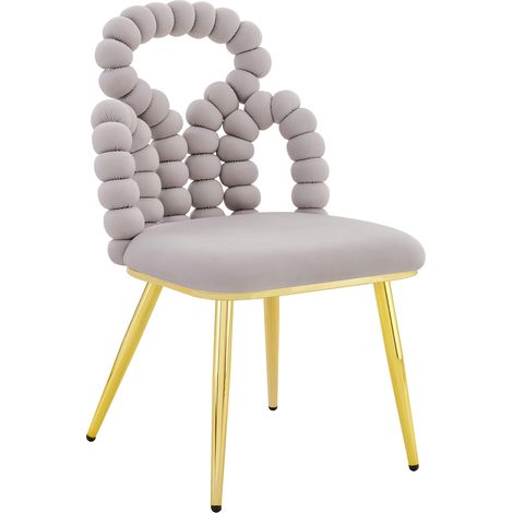 Silla de Comedor de Terciopelo, Respaldo Abierto de Bolas, Patas de Metal Dorado, Gris Claro, 68 × 57 × 54.5 cm (1/5)