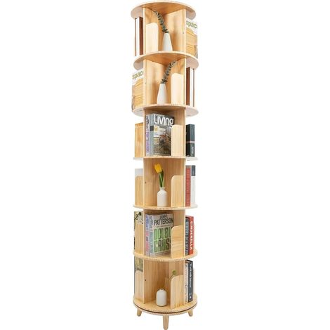 Bibliothèque tournante, rangement à 6 niveaux, affichage à 360 degrés, bois (1/5)