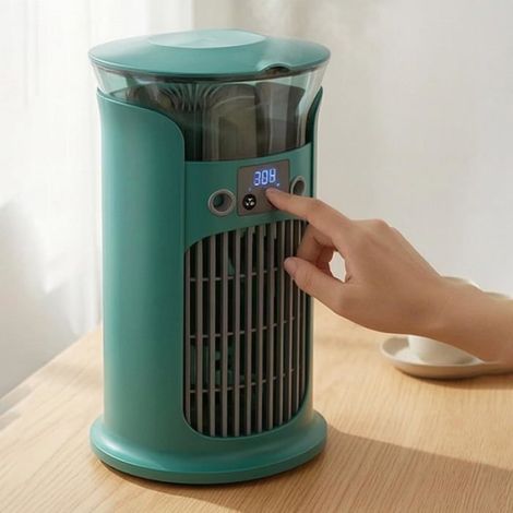 Ventilateur - Humidificateur - Veilleuse LED 3-en-1 - 3 Vitesses - Réservoir 800 ml - USB Alimenté - Pour Bureau Chambre Etudiant - Vert (1/5)