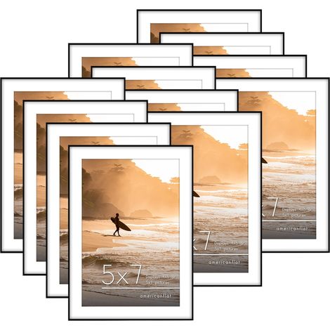 Lot de 12 cadres photo à chargement frontal avec verre résistant aux chocs, à poser sur une table ou au mur, 13 x 18 cm (10 x 15 cm avec passe-partout), noir (1/5)