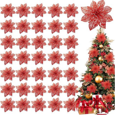 Set mit 36 glitzernden, weihnachtssternförmigen Christbaumkugeln, 4", künstliche Seidenblumen für Weihnachtskränze, Festtagsdekoration (rot) (1/5)