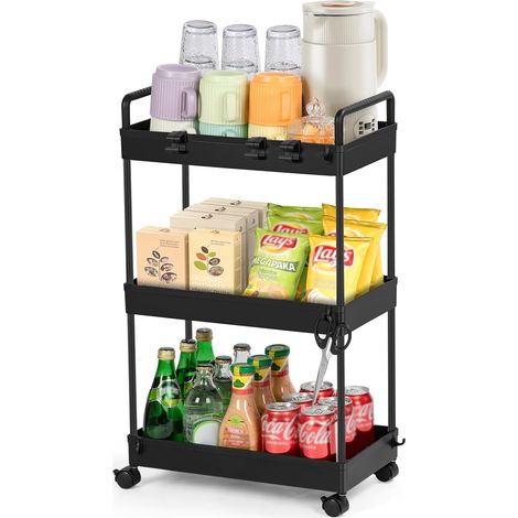 Chariot de Rangement à 3 Niveaux,Chariot de Cuisine pour Salle de Bain,Desserte sur roulettes,Étagère de Cuisine avec roulettes,pour Cuisine,Salle Bain,Bureau,Noir (1/5)