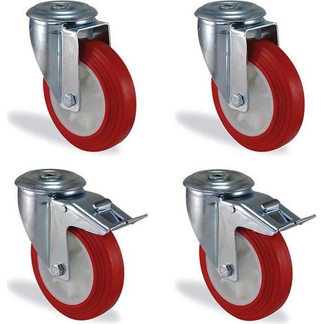 Lot roulettes à oeil pivotantes et pivotante à frein polyuréthane diamètre 80mm charge 375kg
