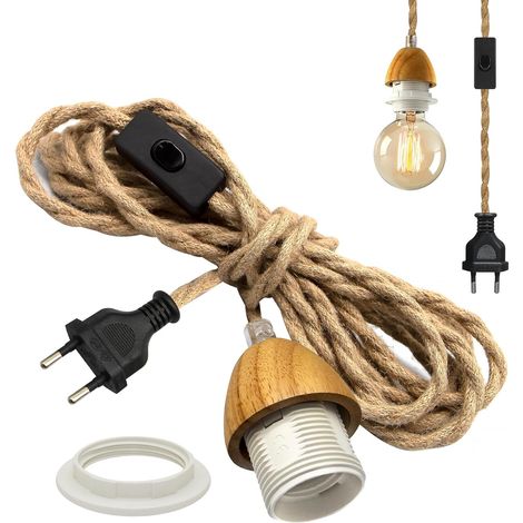 Vintage pendant lamp,  4.5m industrial pendant light kit with switch,  E27 wooden lamp holder with cable,  shade can be mounted,  hemp rope lamp (1/5)