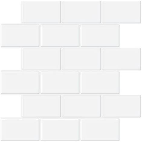 Credence Adhésif pour Cuisine Salle de Bain, Faux Carrelage Adhésif Mur Blanc Credence Cuisine Adhésif, Imperméable Metro 3D Carrelage PVC Adhésif Mural, 4 Pièces (Blanc, 5 Feuilles) (1/4)